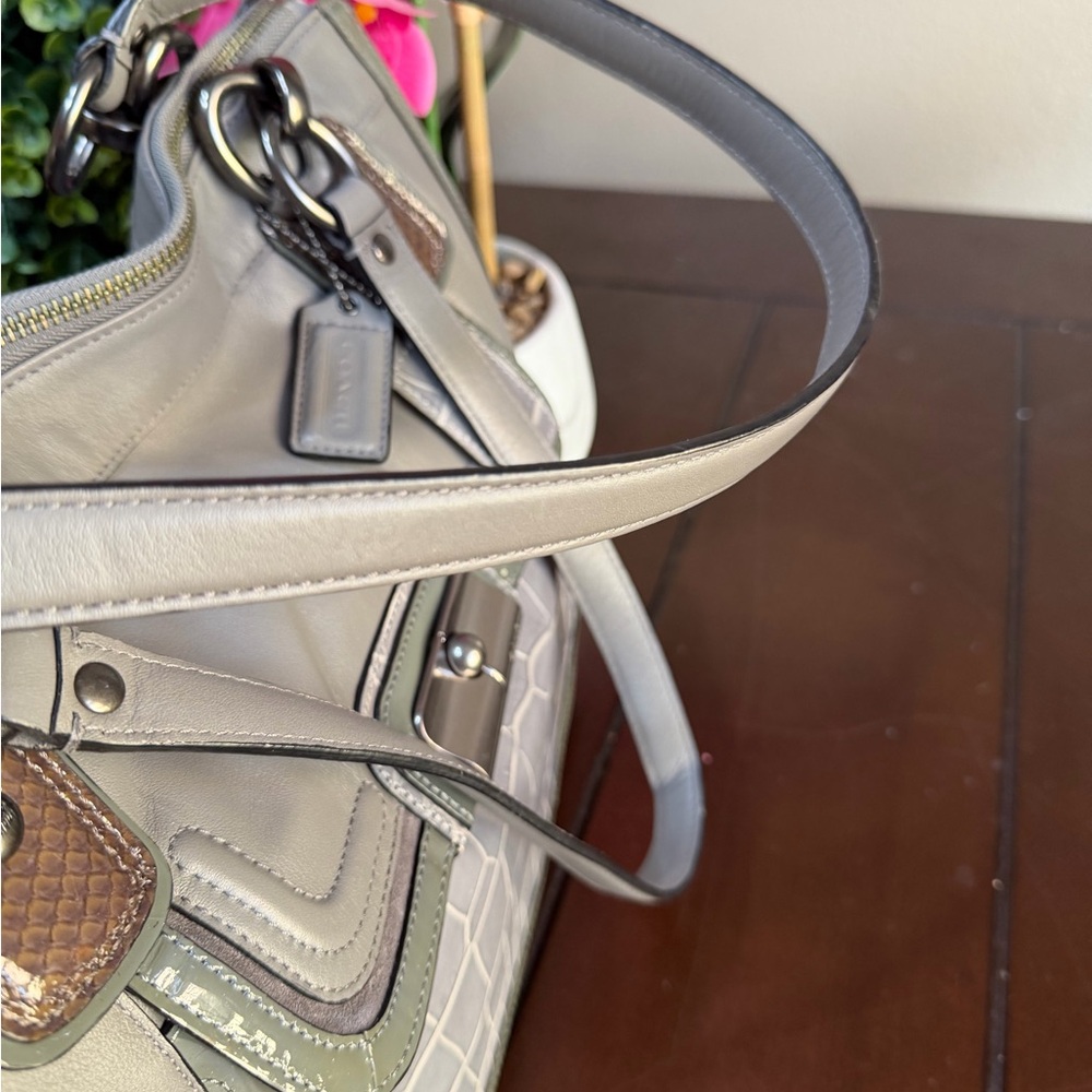 Coach Kristen Spectator Bag Expandable Grey Green Leather Zip Double Handle - Picture 14 of 16